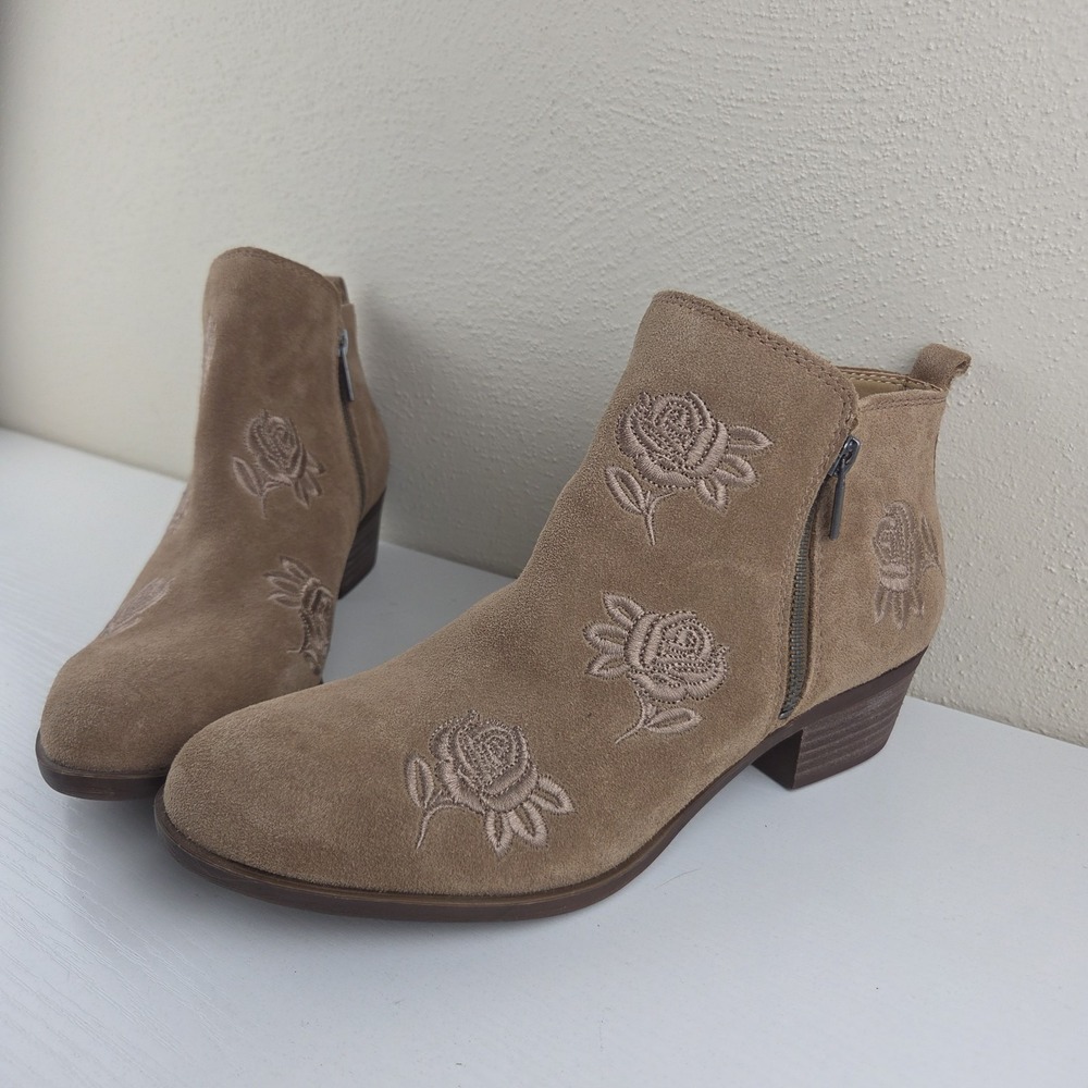 Lucky Brand Basel Suede Leather Tan Embroidered Double Zip Booties Women's 9.5
